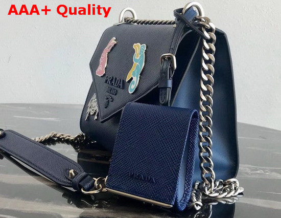 Prada Monochrome Saffiano Leather Bag in Blue with Enameled Metal Appliques Replica
