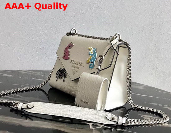 Prada Monochrome Saffiano Leather Bag in White with Enameled Metal Appliques Replica