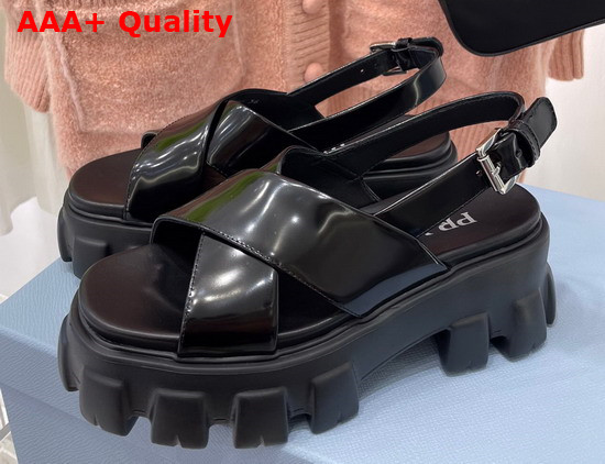 Prada Monolith Brushed Leather Sandals in Black Product Code 1X558M Replica