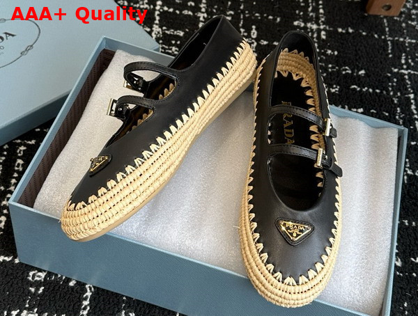 Prada Nappa Leather and Raffia Ballerinas in Black 1F869N Replica