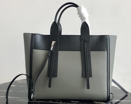 Prada Ouverture Medium Leather Bag Grey Calf Leather Contrasting Black Calf Leather Trim