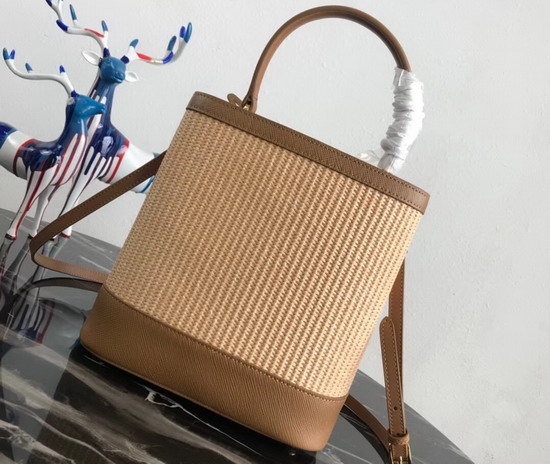 Prada Panier Medium Straw Bag Natural Straw and Tan Saffiano Leather