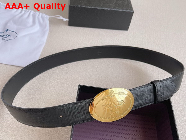 Prada Saffiano Leather Belt Oval Metal Belt Buckle Features the Engraved Savoia Logo 2CF016 Replica