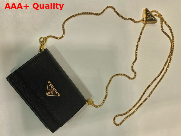 Prada Saffiano Leather Card Holder with Shoulder Strap Black 1MR034 Replica
