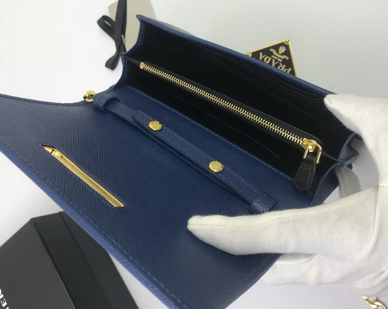 Prada Saffiano Leather Shouler Bag in Blue with Triangle Logo Lock on The Front