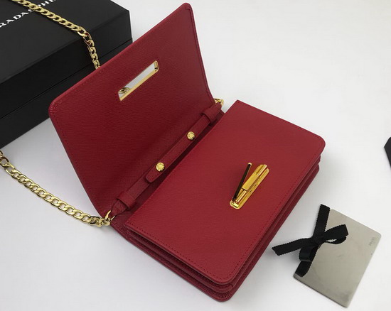 Prada Saffiano Leather Shouler Bag in Red with Triangle Logo Lock on The Front