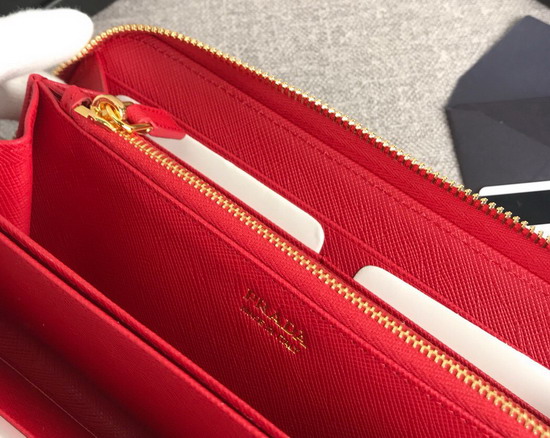 Prada Saffiano Leather Zip Around Wallet in Red
