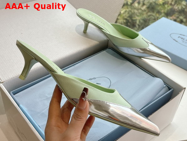 Prada Satin and Metallic Leather Mules in Dew Replica