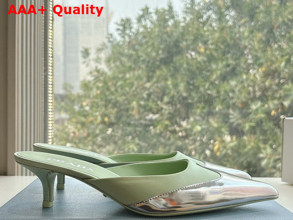 Prada Satin and Metallic Leather Mules in Dew Replica