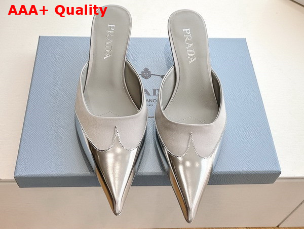 Prada Satin and Metallic Leather Mules in Grey Replica
