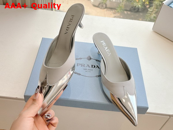 Prada Satin and Metallic Leather Mules in Grey Replica
