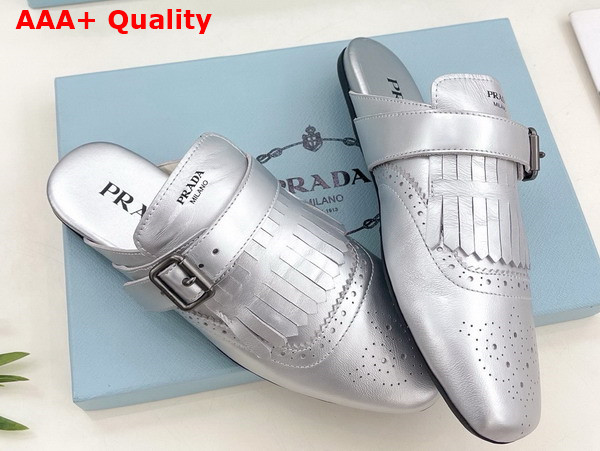 Prada Shuffle Fringed Leather Mules in Silver 1S973N Replica