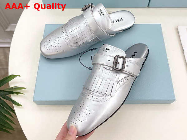 Prada Shuffle Fringed Leather Mules in Silver 1S973N Replica