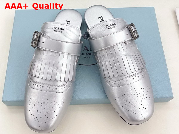 Prada Shuffle Fringed Leather Mules in Silver 1S973N Replica