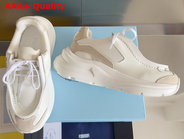Prada Systeme Brushed Leather Sneakers with Bike Fabric and Suede Elements White 2EG424 Replica