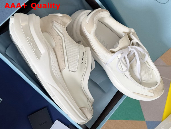 Prada Systeme Brushed Leather Sneakers with Bike Fabric and Suede Elements White 2EG424 Replica