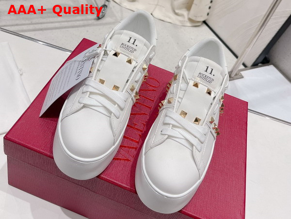 Valentino Flatform Rockstud Untitled Sneaker in White Calfskin with Gold Studs Replica