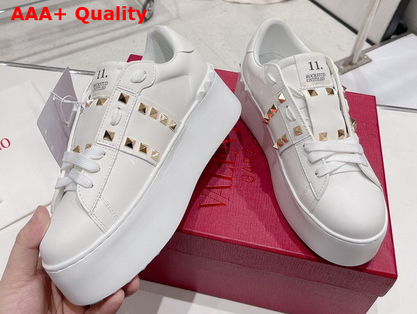 Valentino Flatform Rockstud Untitled Sneaker in White Calfskin with Gold Studs Replica
