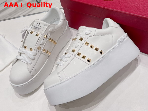 Valentino Flatform Rockstud Untitled Sneaker in White Calfskin with Gold Studs Replica