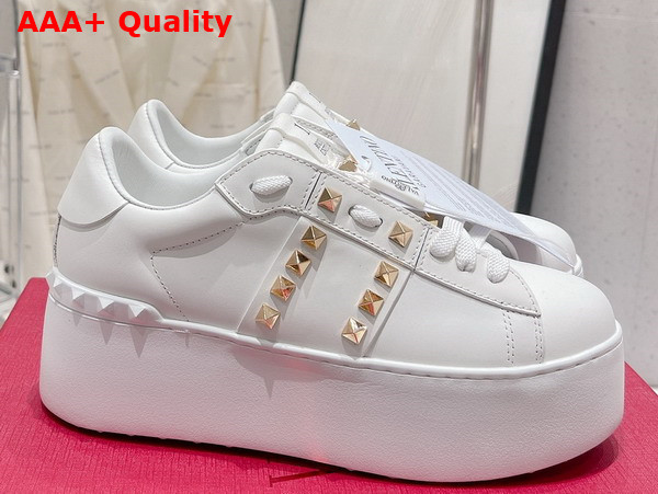 Valentino Flatform Rockstud Untitled Sneaker in White Calfskin with Gold Studs Replica