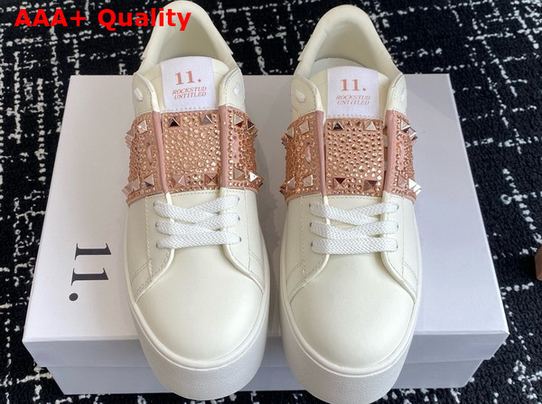 Valentino Garavani Flatform Rockstud Untitled Sneaker in Calfskin with Micro Studs White Rose Quartz Light Pink Replica