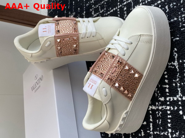Valentino Garavani Flatform Rockstud Untitled Sneaker in Calfskin with Micro Studs White Rose Quartz Light Pink Replica