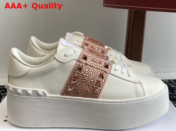 Valentino Garavani Flatform Rockstud Untitled Sneaker in Calfskin with Micro Studs White Rose Quartz Light Pink Replica