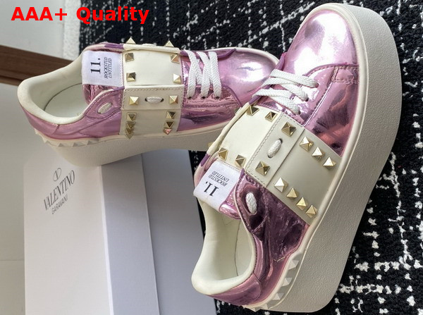 Valentino Garavani Flatform Rockstud Untitled Sneaker in Light Purple Metallic Calfskin Replica