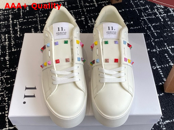 Valentino Garavani Flatform Rockstud Untitled Sneaker in White Calfskin with Multicolor Studs Replica