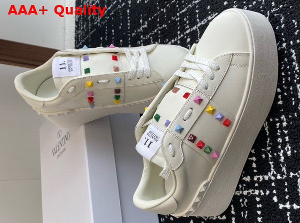 Valentino Garavani Flatform Rockstud Untitled Sneaker in White Calfskin with Multicolor Studs Replica