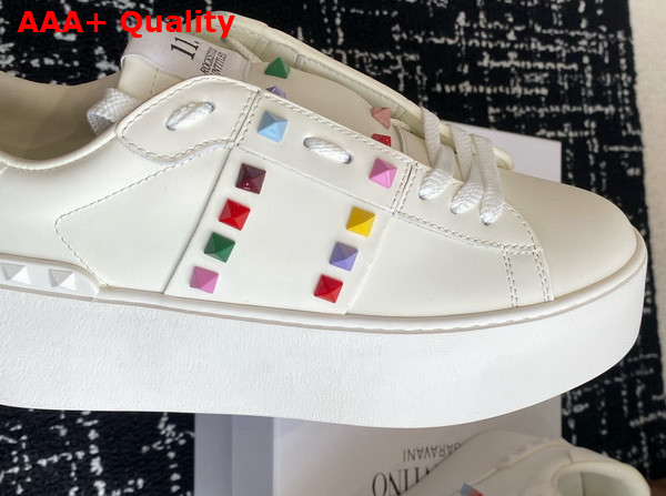 Valentino Garavani Flatform Rockstud Untitled Sneaker in White Calfskin with Multicolor Studs Replica