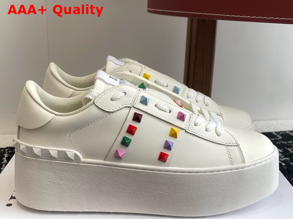Valentino Garavani Flatform Rockstud Untitled Sneaker in White Calfskin with Multicolor Studs Replica