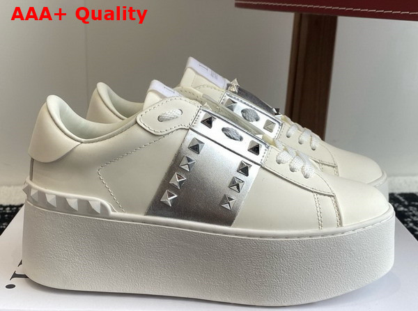 Valentino Garavani Flatform Rockstud Untitled Sneaker in White Calfskin with Stripe Replica