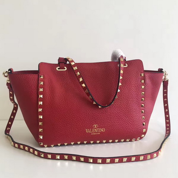 Valentino Garavani Rockstud Small Tote in Red Pebble Grain Calfskin Platinum Finish Studs For Sale