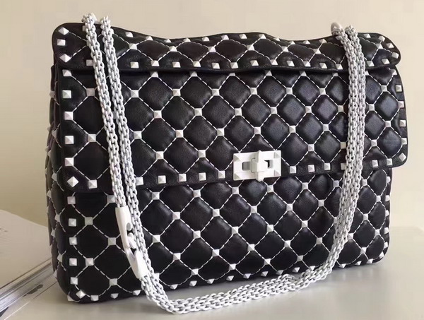 Valentino Garavani Rockstud Spike Chain Bag in Black Soft Lambskin with White Hardwares For Sale