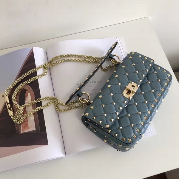 Valentino Garavani Rockstud Spike Small Chain Bag in Light Blue Soft Lambskin Leather For Sale