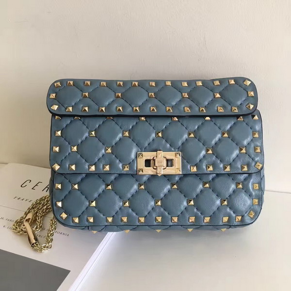 Valentino Garavani Rockstud Spike Small Chain Bag in Light Blue Soft Lambskin Leather For Sale