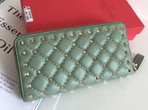 Valentino Garavani Rockstud Spike Zip Continental Wallet in Light Green Soft Lambskin Leather For Sale