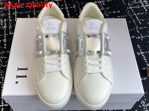 Valentino Garavani Rockstud Untitled Sneaker in Calfskin with Metallic Stripe White Replica