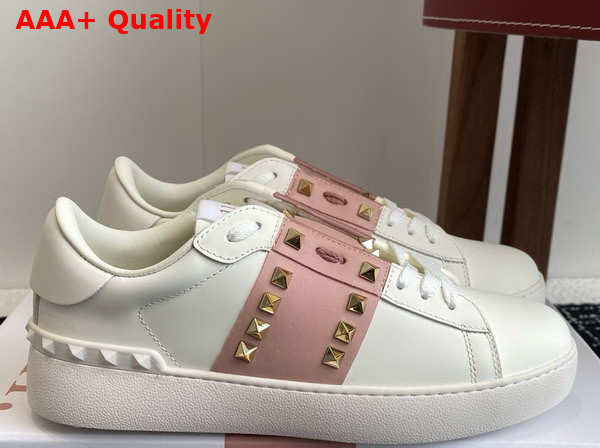 Valentino Garavani Rockstud Untitled Sneaker in Calfskin with Metallic Stripe White Replica