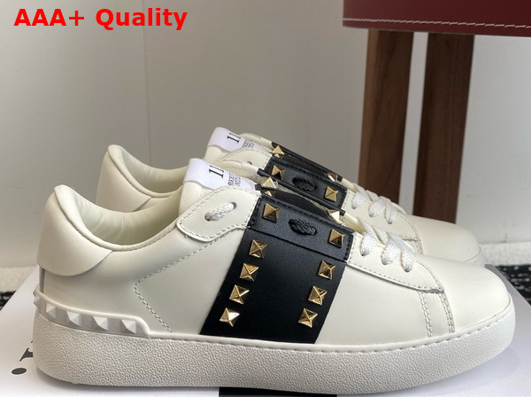 Valentino Garavani Rockstud Untitled Sneaker in Calfskin with Metallic Stripe White Replica