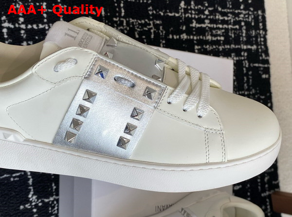 Valentino Garavani Rockstud Untitled Sneaker in Calfskin with Metallic Stripe White Replica