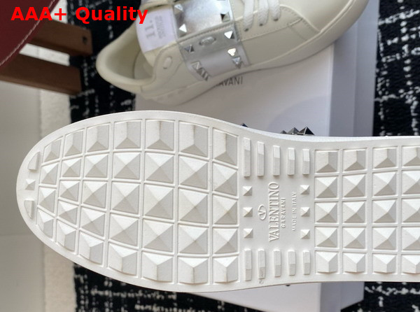 Valentino Garavani Rockstud Untitled Sneaker in Calfskin with Metallic Stripe White Replica