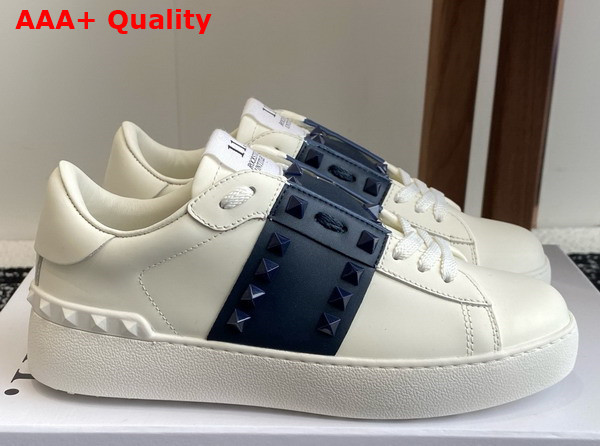 Valentino Garavani Rockstud Untitled Sneaker in Calfskin with Metallic Stripe White Replica