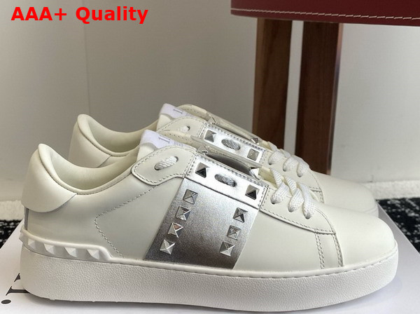 Valentino Garavani Rockstud Untitled Sneaker in Calfskin with Metallic Stripe White Replica
