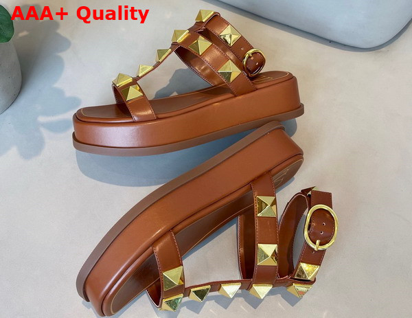 Valentino Garavani Roman Stud Calfskin Flatform Sandal 40mm Brown Replica