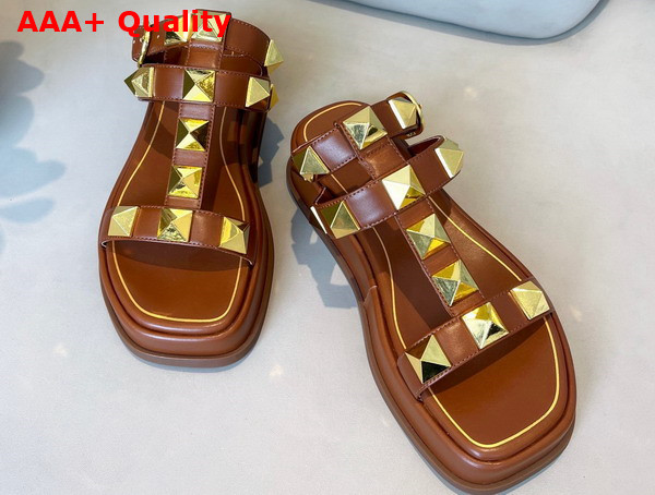 Valentino Garavani Roman Stud Calfskin Flatform Sandal 40mm Brown Replica