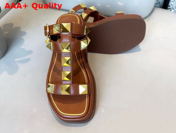 Valentino Garavani Roman Stud Calfskin Flatform Sandal 40mm Brown Replica