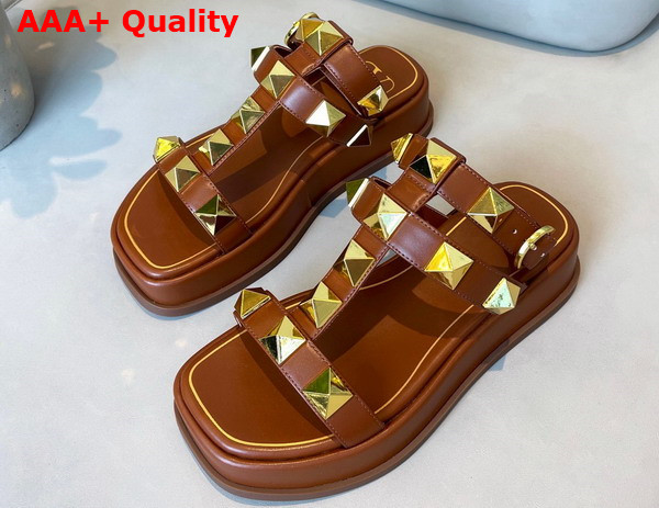 Valentino Garavani Roman Stud Calfskin Flatform Sandal 40mm Brown Replica