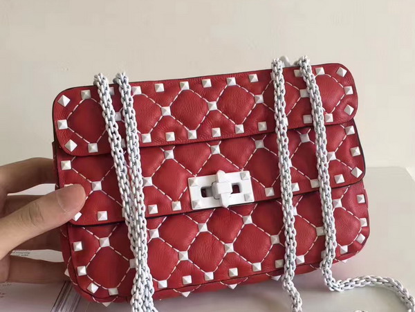 Valentino Garavani Samll Rockstud Spike Chain Bag in Red Soft Lambskin with White Hardwares For Sale